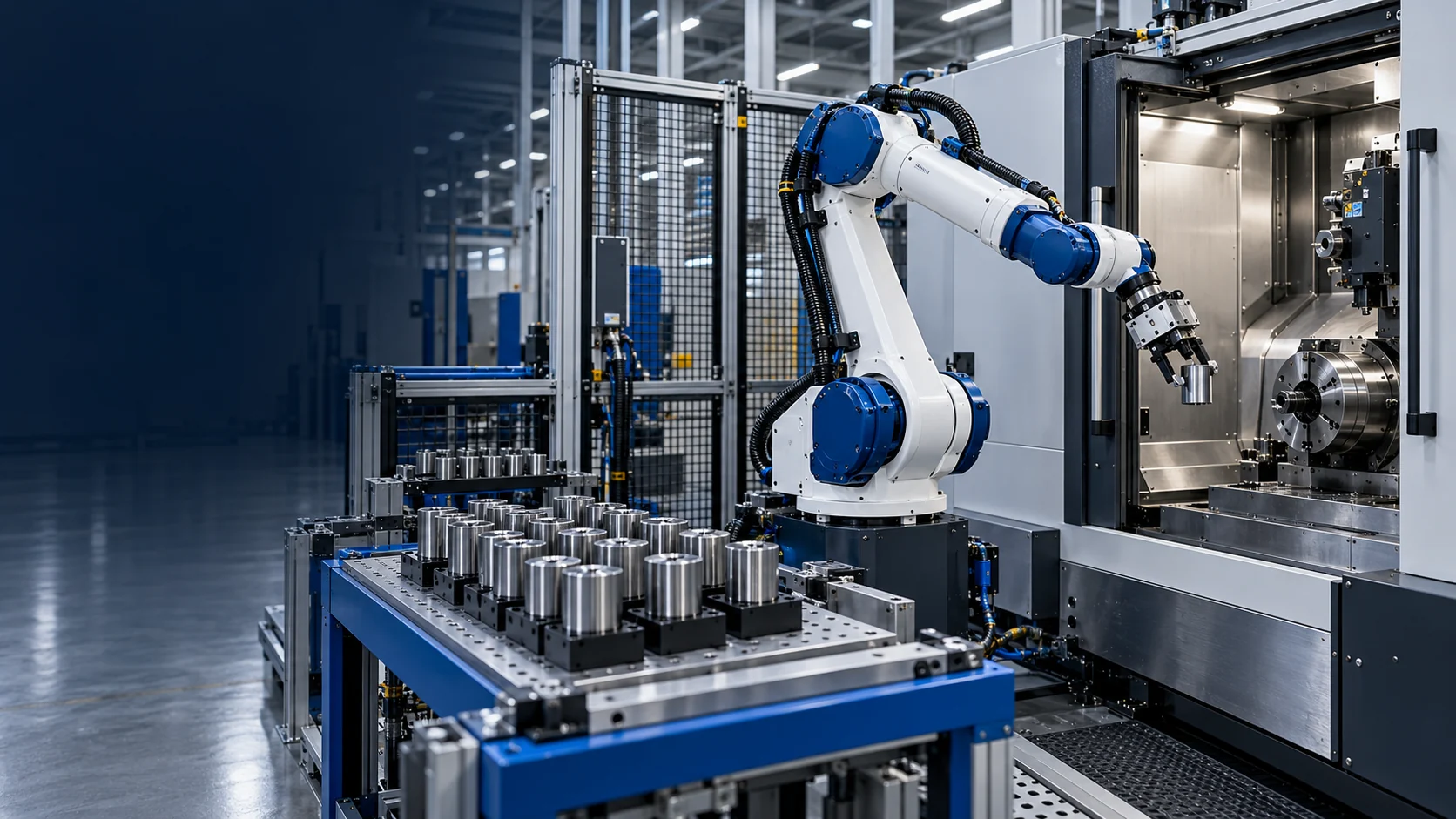 AI-generated concept of a six-axis robot tending a CNC machine